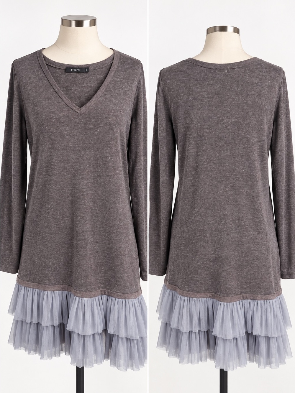Theme Charcoal Grey V-Neck Tunic with Layered Tulle Hem